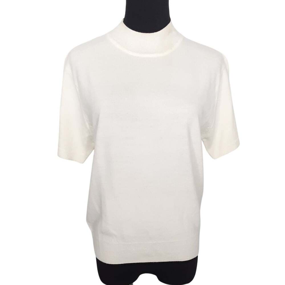 Scotland 100% Pure Cashmere Sweater Cream Short Sleeve Mock Neck Womens L Luxury
